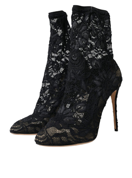 Dolce & Gabbana Black Stretch Taormina Lace Boots Shoes