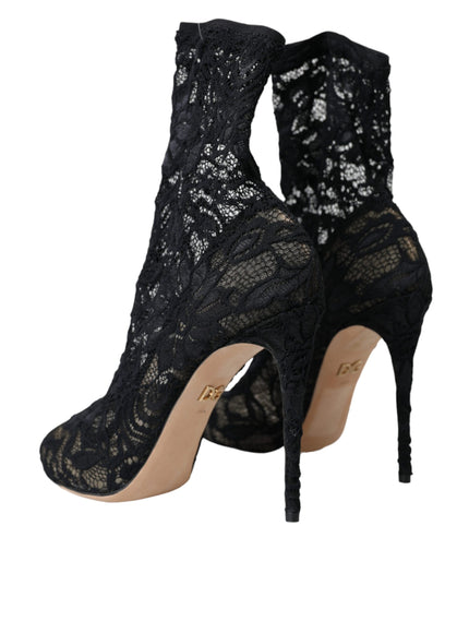 Dolce & Gabbana Black Stretch Taormina Lace Boots Shoes