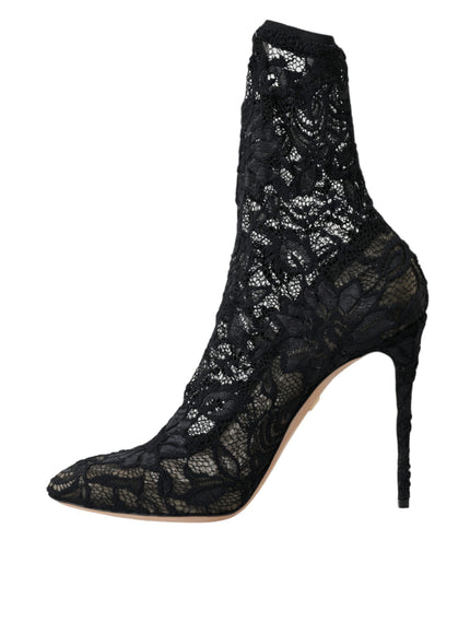 Dolce & Gabbana Black Stretch Taormina Lace Boots Shoes