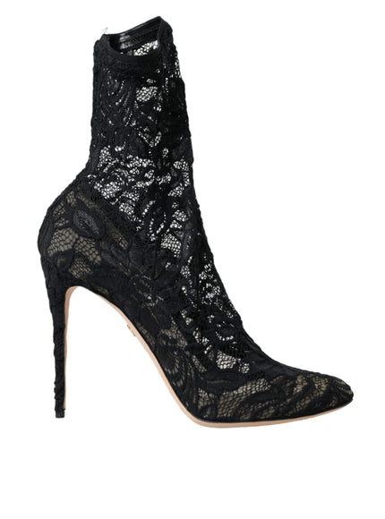 Dolce & Gabbana Black Stretch Taormina Lace Boots Shoes