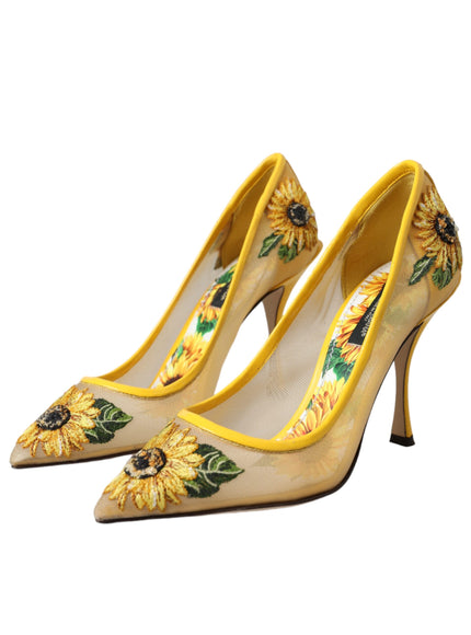 Dolce & Gabbana Yellow Sunflower Mesh Heels Pumps Shoes