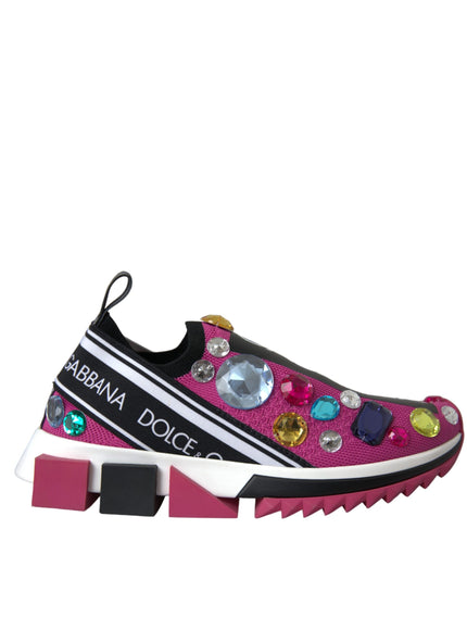 a pink sneaker with multi colored stones on the side