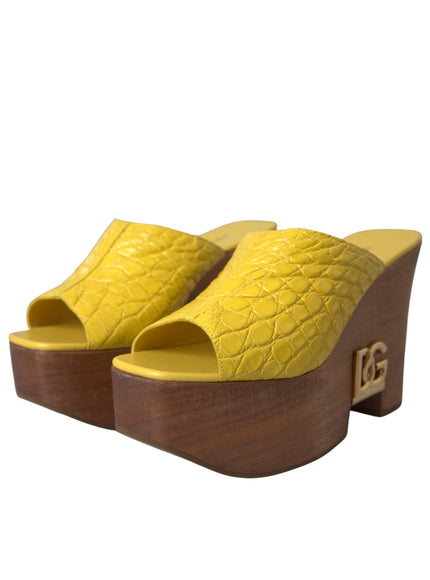 Dolce & Gabbana Yellow Leather Wood Mule Wedge Slides Shoes