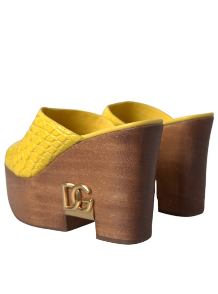 Dolce & Gabbana Yellow Leather Wood Mule Wedge Slides Shoes