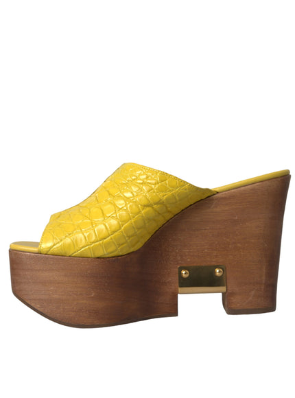 Dolce & Gabbana Yellow Leather Wood Mule Wedge Slides Shoes