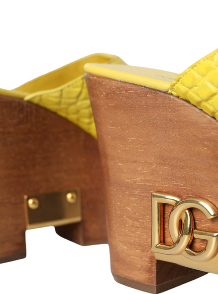 Dolce & Gabbana Yellow Leather Wood Mule Wedge Slides Shoes