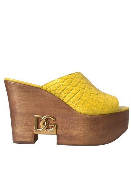 Dolce & Gabbana Yellow Leather Wood Mule Wedge Slides Shoes