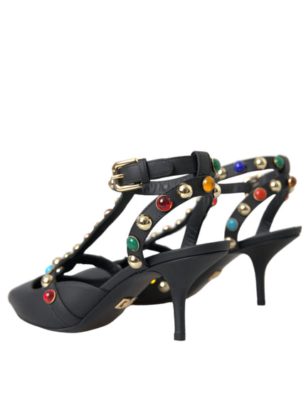 Dolce & Gabbana Black Leather Embellished Heels Sandal Shoes