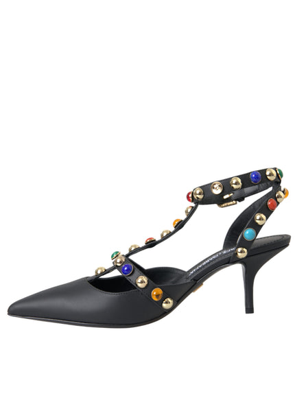 Dolce & Gabbana Black Leather Embellished Heels Sandal Shoes