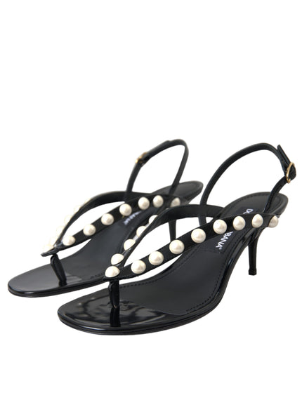 Dolce & Gabbana Black Leather Faux Pearl Heel Sandals Shoes