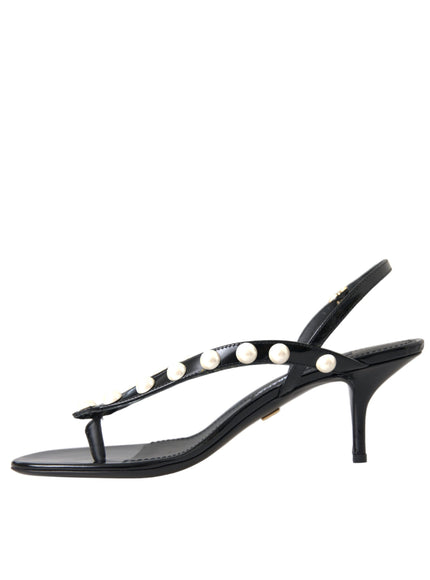 Dolce & Gabbana Black Leather Faux Pearl Heel Sandals Shoes