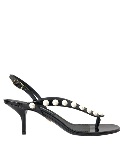 Dolce & Gabbana Black Leather Faux Pearl Heel Sandals Shoes