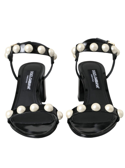 Dolce & Gabbana Black Leather Faux Pearl Heel Sandals Shoes