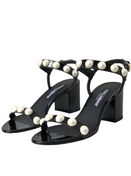 Dolce & Gabbana Black Leather Faux Pearl Heel Sandals Shoes