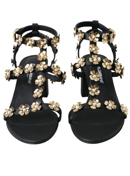 Dolce & Gabbana Black Leather Embellished Heel Sandal Shoes