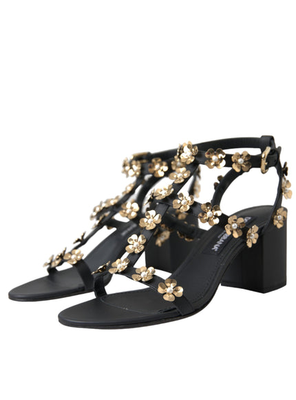 Dolce & Gabbana Black Leather Embellished Heel Sandal Shoes