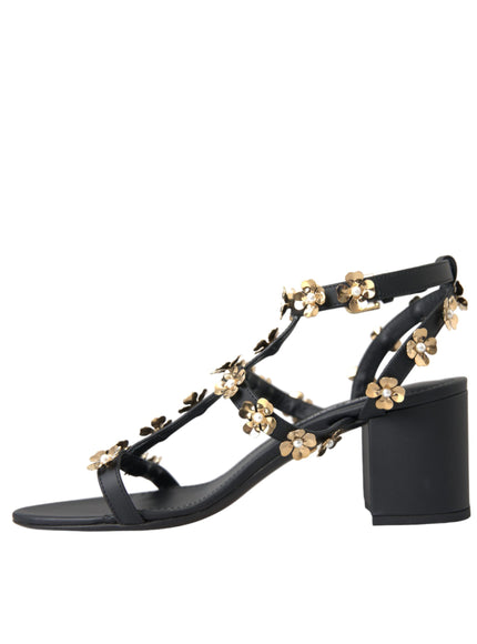 Dolce & Gabbana Black Leather Embellished Heel Sandal Shoes