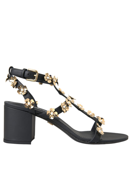 Dolce & Gabbana Black Leather Embellished Heel Sandal Shoes