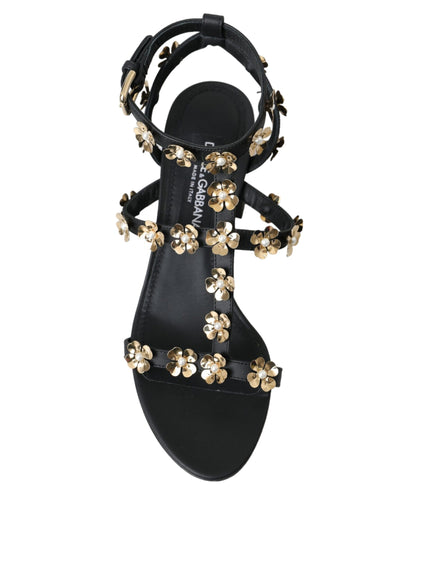 Dolce & Gabbana Black Leather Embellished Heel Sandal Shoes