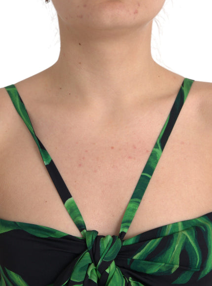 Dolce & Gabbana Black Green Leaf Silk Halter Cropped Top