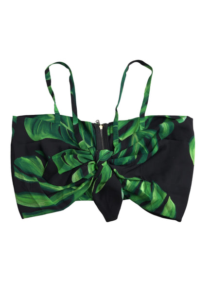 Dolce & Gabbana Black Green Leaf Silk Halter Cropped Top