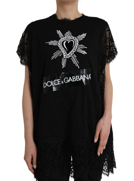 Dolce & Gabbana Black Sacred Heart Print Cotton Lace T-shirt