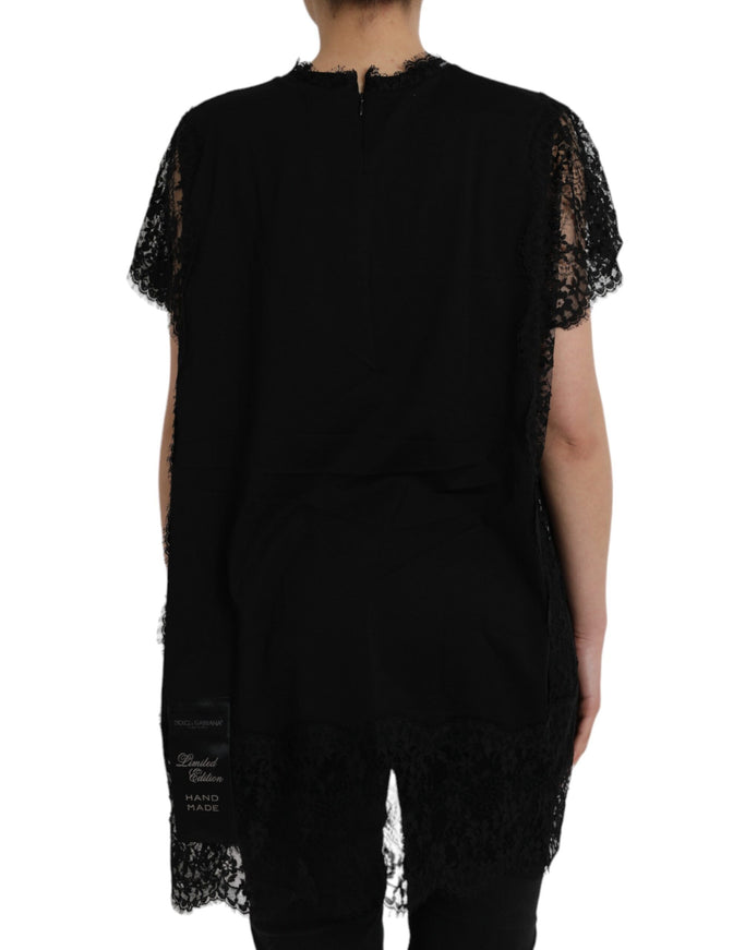 Dolce & Gabbana Black Sacred Heart Print Cotton Lace T-shirt