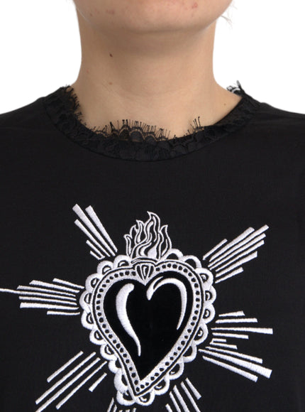 Dolce & Gabbana Black Sacred Heart Print Cotton Lace T-shirt