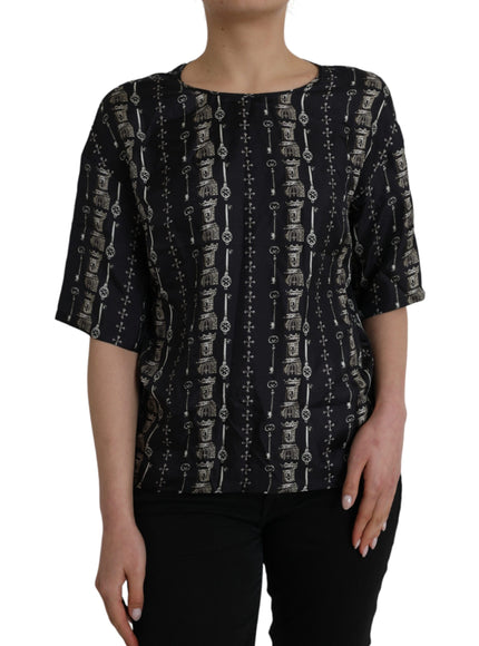 Dolce & Gabbana Black Key Castle Print Silk Blouse T-shirt