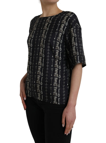 Dolce & Gabbana Black Key Castle Print Silk Blouse T-shirt