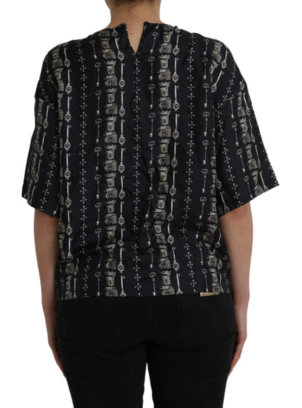 Dolce & Gabbana Black Key Castle Print Silk Blouse T-shirt