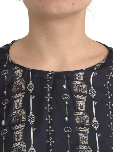 Dolce & Gabbana Black Key Castle Print Silk Blouse T-shirt