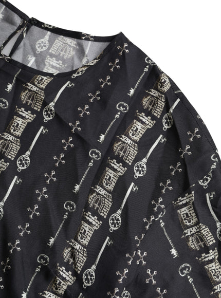 Dolce & Gabbana Black Key Castle Print Silk Blouse T-shirt