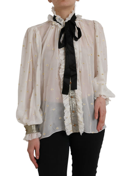 Dolce & Gabbana Off White Silk Blend Ascot Collar Blouse Top