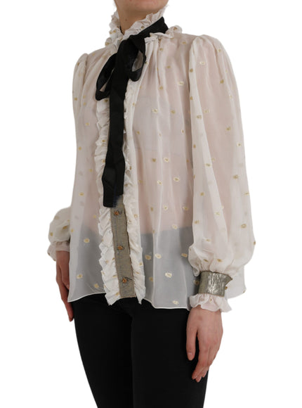 Dolce & Gabbana Off White Silk Blend Ascot Collar Blouse Top