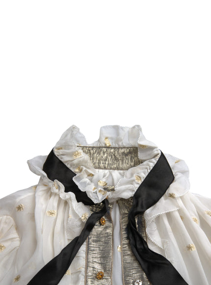 Dolce & Gabbana Off White Silk Blend Ascot Collar Blouse Top