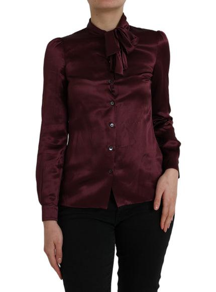 Dolce & Gabbana Maroon Ascot Collar Long Sleeve Top Blouse