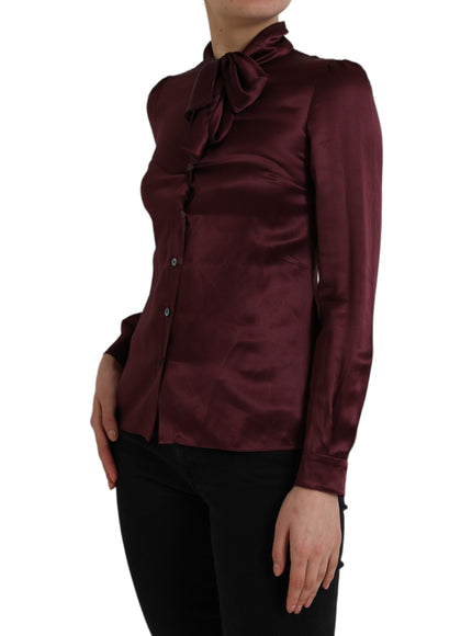 Dolce & Gabbana Maroon Ascot Collar Long Sleeve Top Blouse