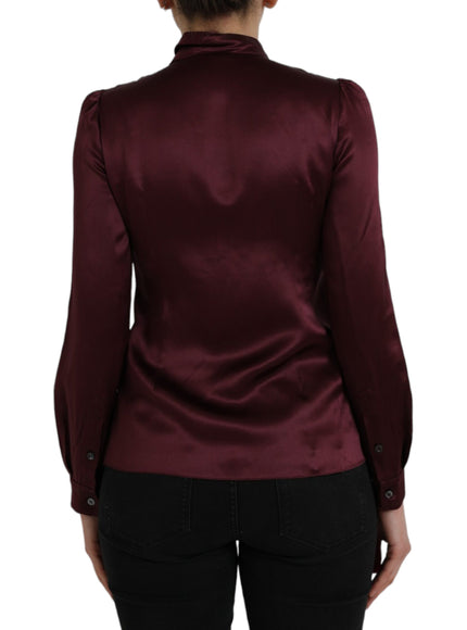 Dolce & Gabbana Maroon Ascot Collar Long Sleeve Top Blouse