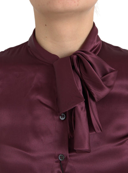 Dolce & Gabbana Maroon Ascot Collar Long Sleeve Top Blouse