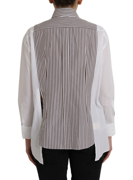 Dolce & Gabbana White Stripes Cotton Long Sleeves Ruffle Collar Top