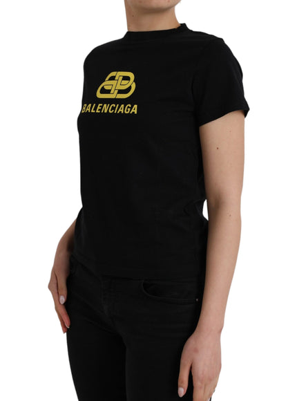 Balenciaga Black Cotton Logo Print Crew Neck Short Sleeves T-shirt