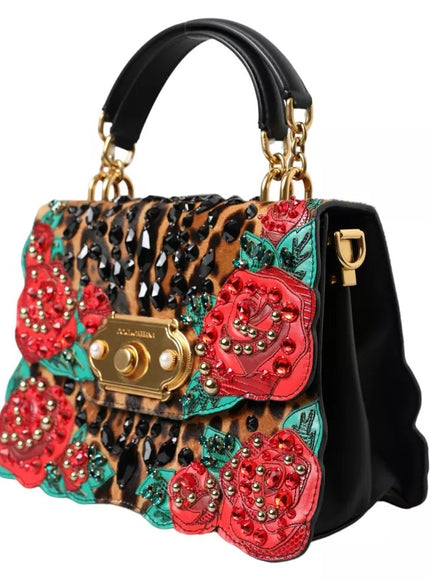 Dolce & Gabbana Multicolor Leopard Crystal Roses WELCOME Fur Bag