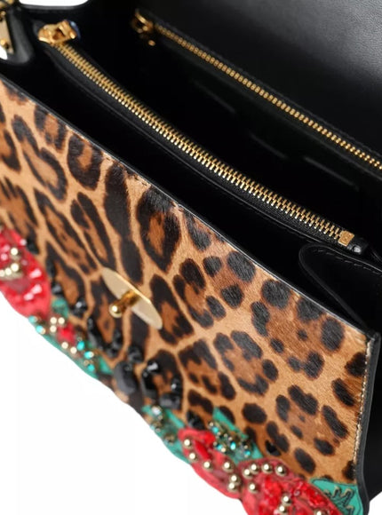 Dolce & Gabbana Multicolor Leopard Crystal Roses WELCOME Fur Bag