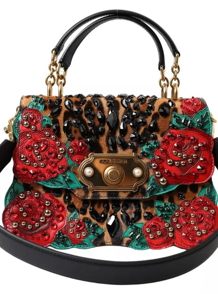 Dolce & Gabbana Multicolor Leopard Crystal Roses WELCOME Fur Bag