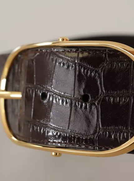 Dolce & Gabbana Brown Crocodile Pattern Leather Gold Oval Buckle Belt