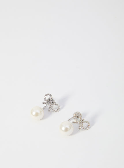 Self Portrait Crystal Bow Pearl Earrings QT Silver