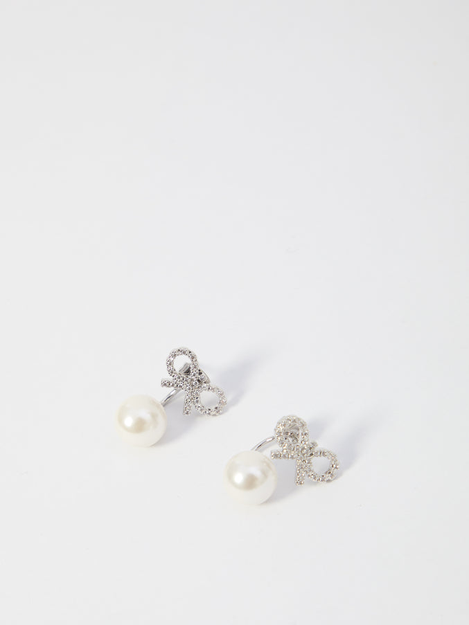 Self Portrait Crystal Bow Pearl Earrings QT Silver
