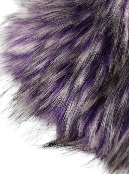 Close-up of purple faux fur texture on head wrap hat