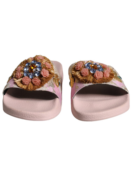 Dolce & Gabbana Pink Brocade Crystal Sandals Slides Beachwear Shoes